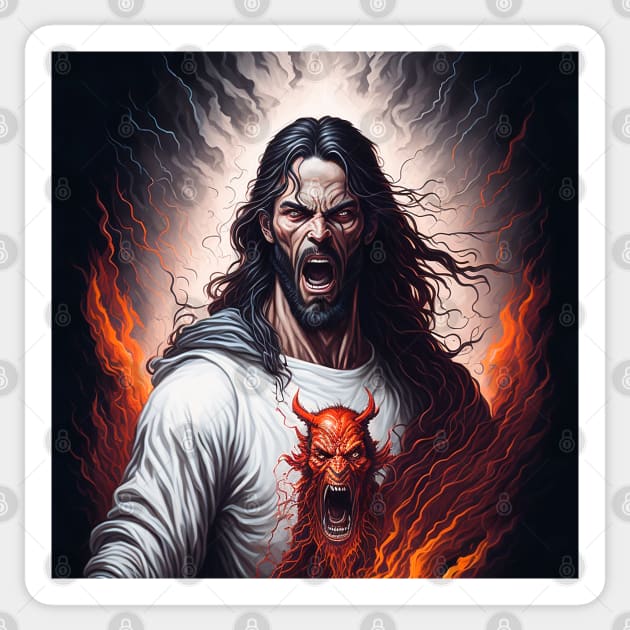 Jesus Christ and the Angry Devil in an iconic infernal moment Sticker by Marccelus